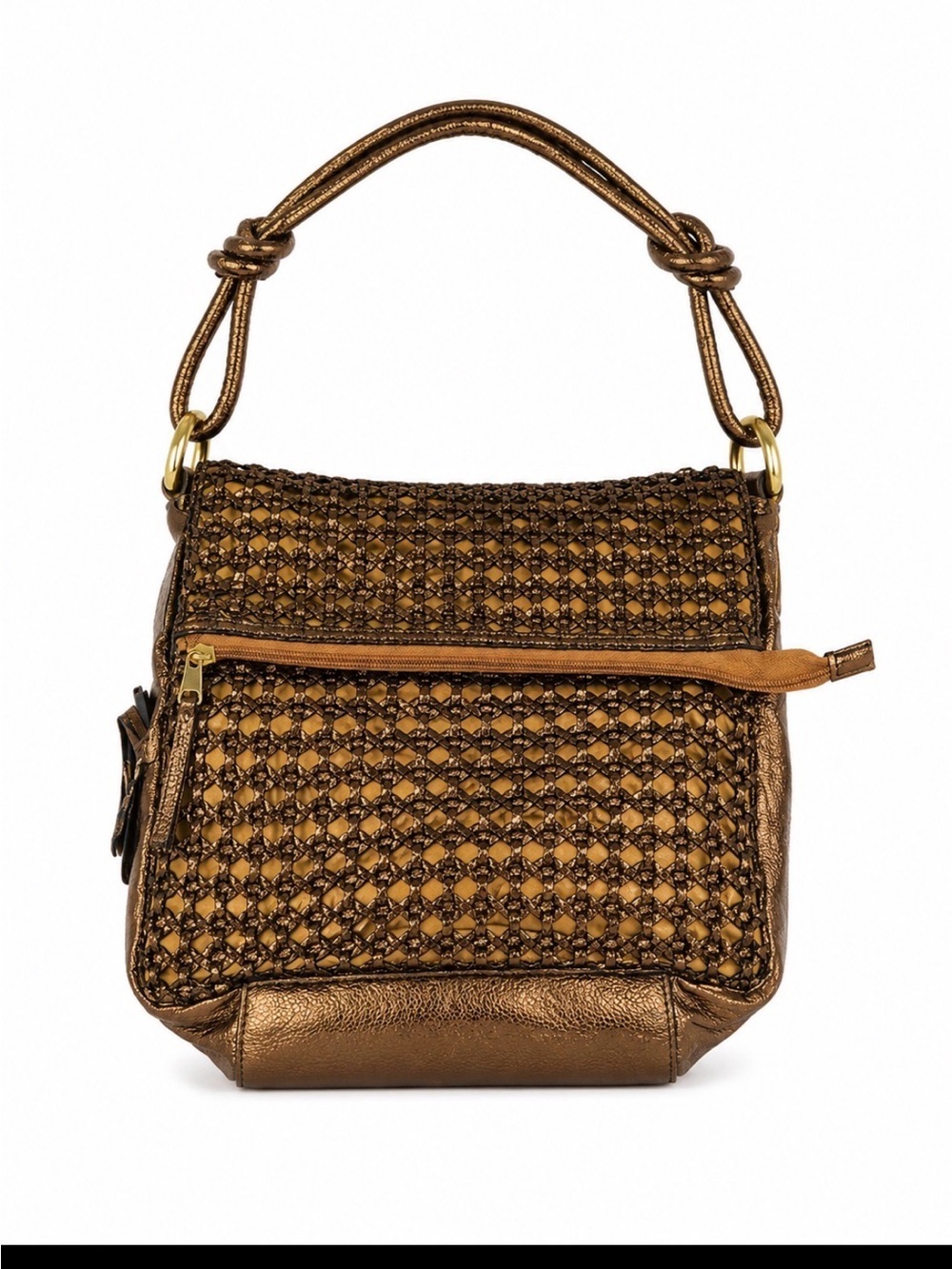 Isaac Mizrahi Metallic bronze/Gold Woven Shoulder Bag zip flap closure pockets